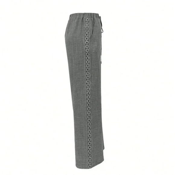 Dark Grey Casual Women's Drawstring Side Splicing Lace Trim Wide Leg Pants - Picture 3 of 4